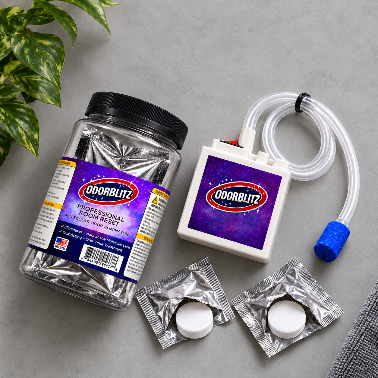 OdorBlitz treatment kit with jar, bubbler, and treatment tablets