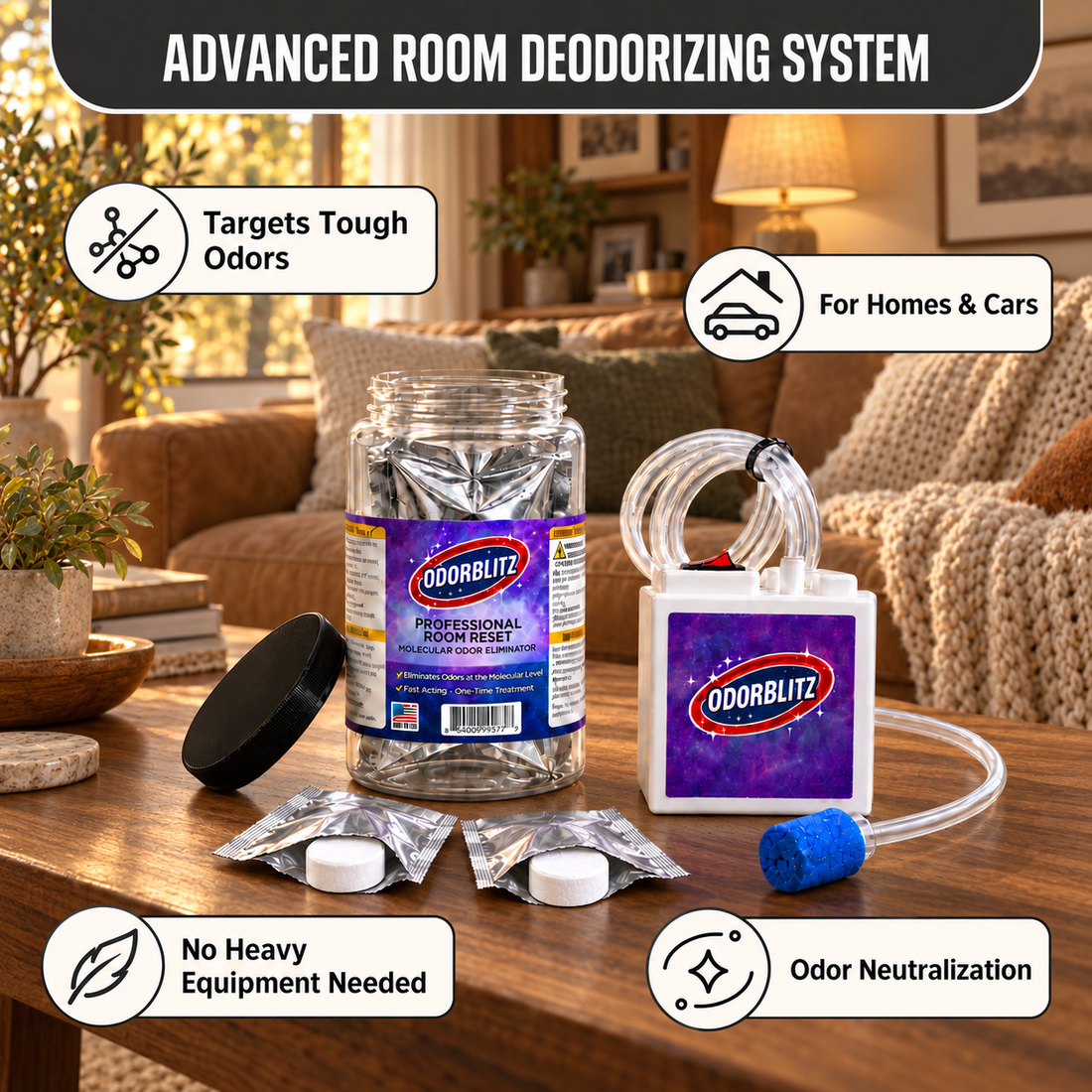 Odor Elimination Kit – 2 Treatments – Professional Molecular Odor Eliminator for Cars, Rooms, Smoke, Pet & Musty Odors