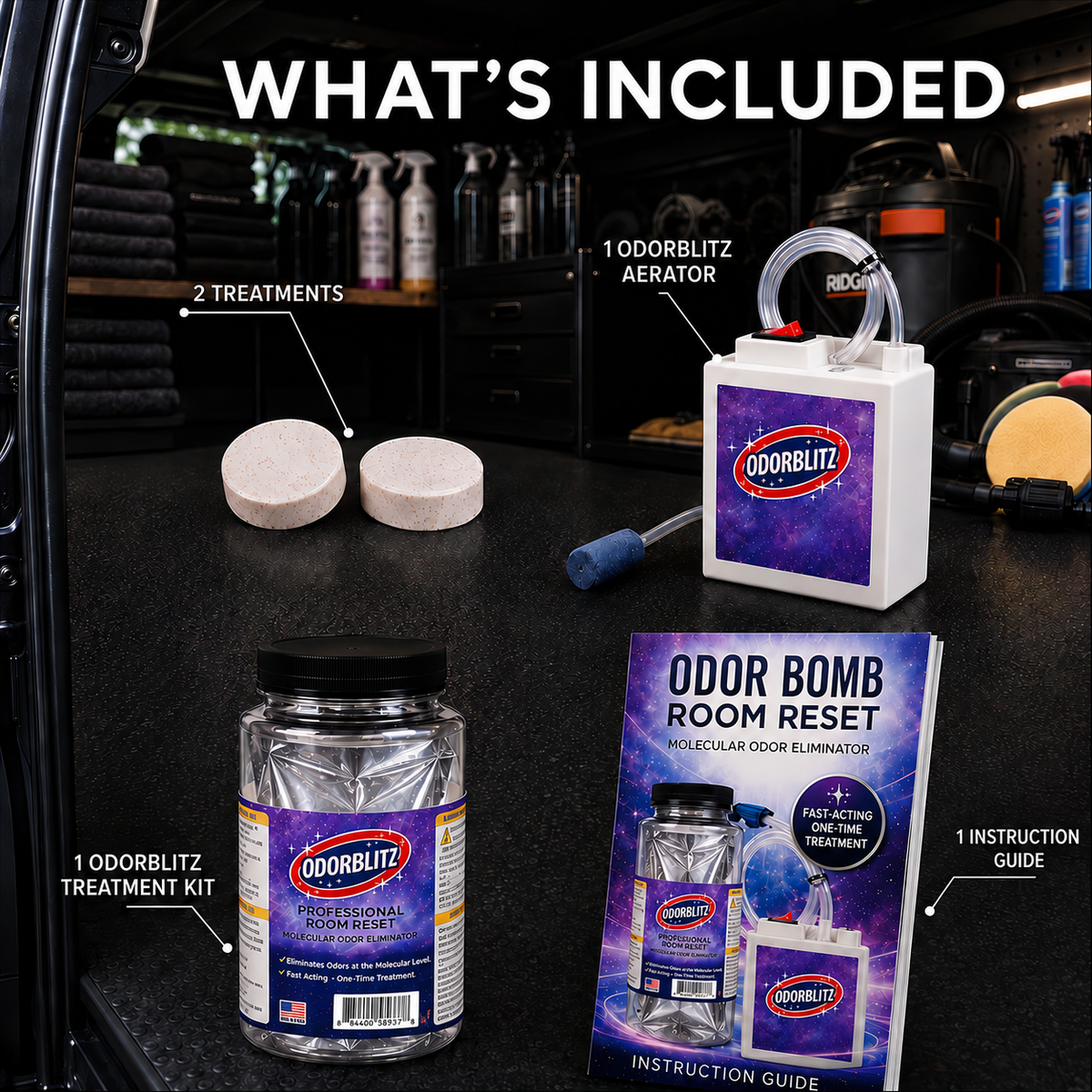 Vehicle Odor Elimination Kit – 2 Treatments – Professional Molecular Odor Eliminator for Vehicles, Smoke, Pet & Musty Odors