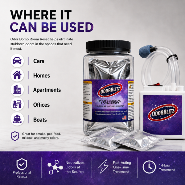 Odor Bomb Room Reset Kit – 2 Treatments – Professional Molecular Odor Eliminator for Cars, Rooms, Smoke, Pet & Musty Odors