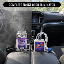 A car interior scene showing a smoke odor elimination product placed in cup holders. The left half has heavy fog/smoke overlay, and a black banner at the top reads 'COMPLETE SMOKE ODOR ELIMINATOR.