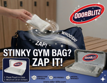 Advertisement for OdorBlitz, showing a stinky gym bag being treated with the product.