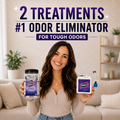Woman holding two OdorBlitz products with text about odor eliminator treatments in a living room setting.
