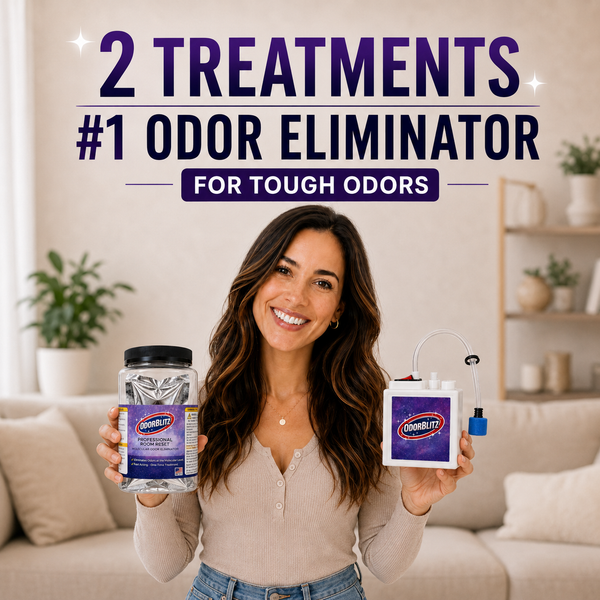 Woman holding two OdorBlitz products with text about odor eliminator treatments in a living room setting.