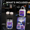 OdorBlitz products including a treatment kit, odor bomb, aerator, and instruction guide on a garage floor.